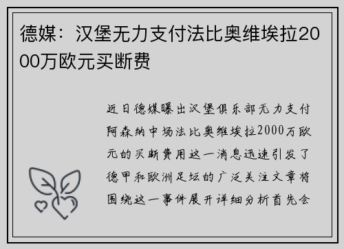 德媒：汉堡无力支付法比奥维埃拉2000万欧元买断费